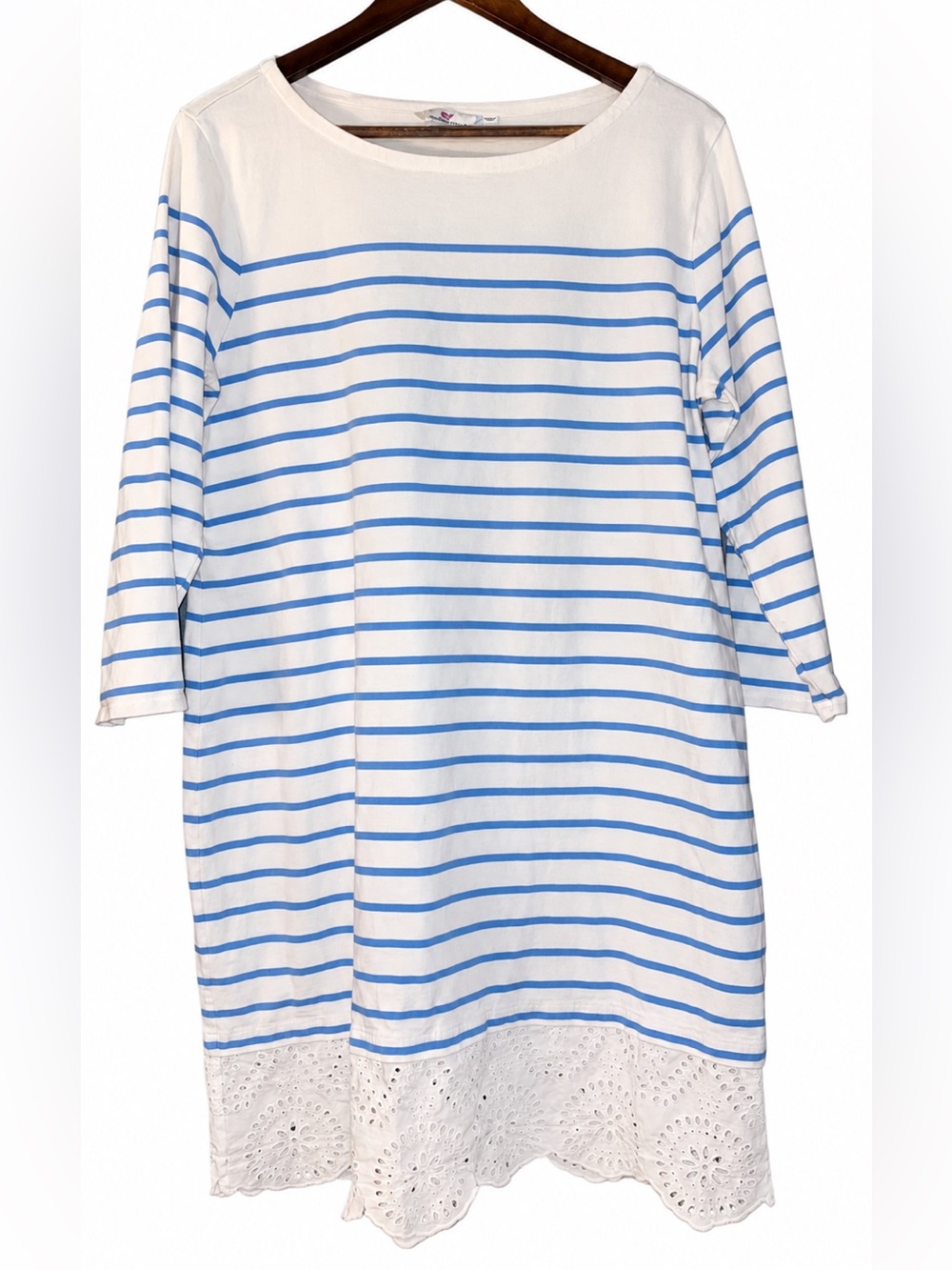 Vineyard Vines XL Blue White Striped Lace Eyelet Hem Dress